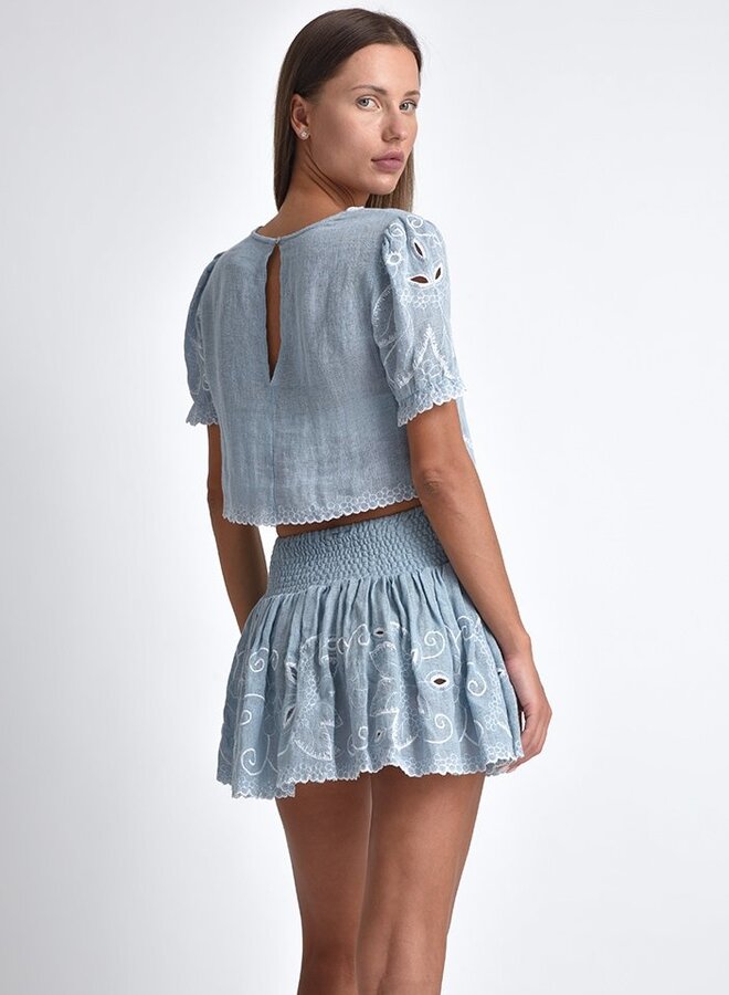 Muche & Muchette- Mika White Embroidery Cropped Top- Light Blue