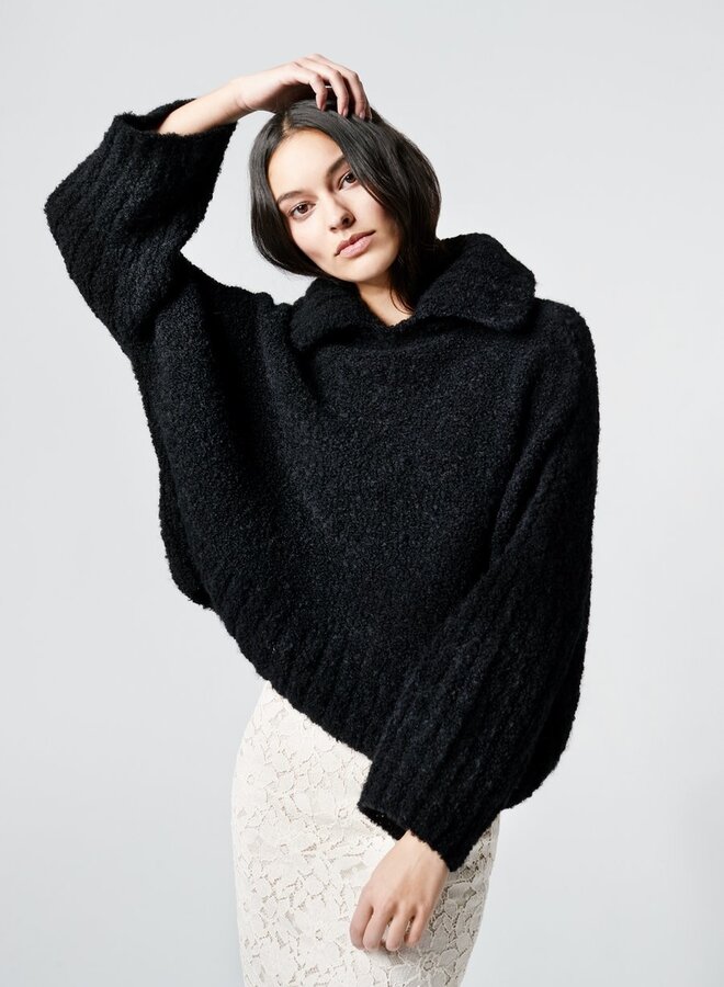 Smythe- Handknit Split Collar Sweater- Black Boucle