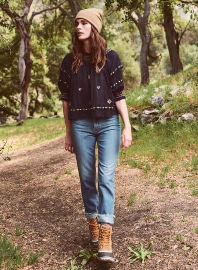 The Great- The Folkore Top- Dark Navy With Rose Cross Stitch