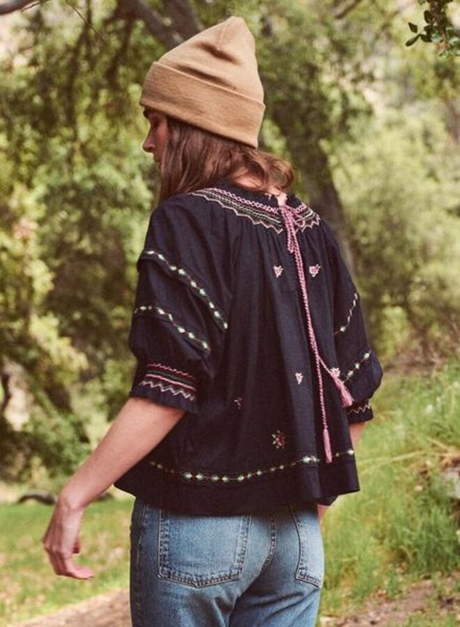 The Great- The Folkore Top- Dark Navy With Rose Cross Stitch