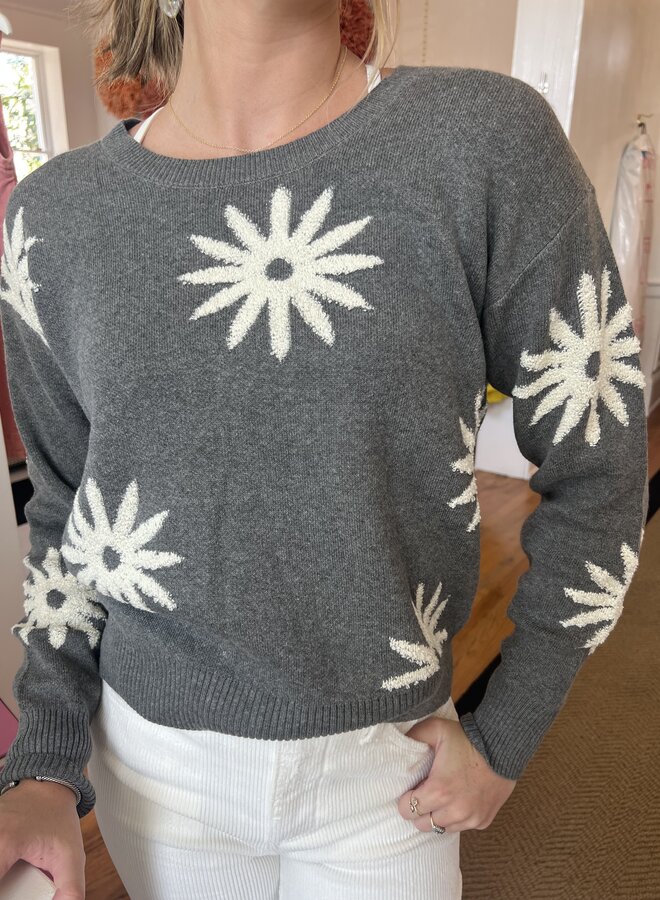 Zero Degrees Celsius- Jacquard Flower Sweater- Grey/Ivory