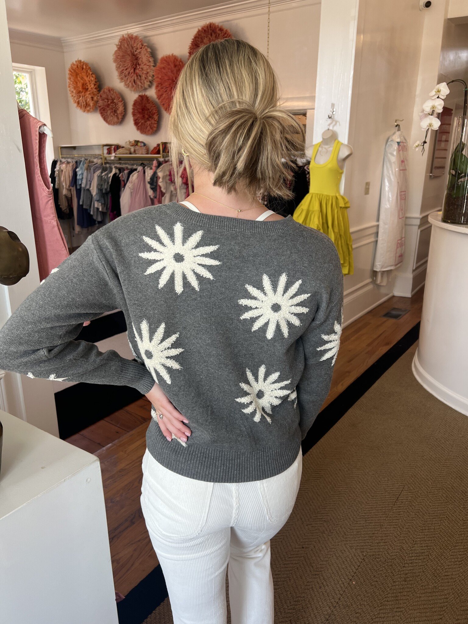 Contemporaine Brushed Flowers Jacquard Sweater in Gray