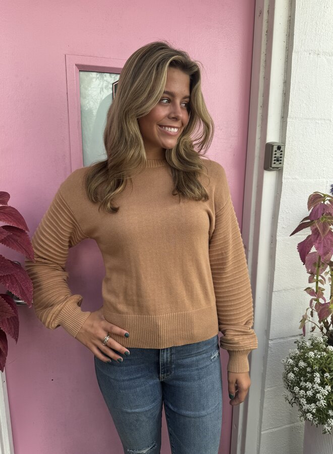 Brodie Cashmere- Textured Balloon Sleeve Crew- Camel