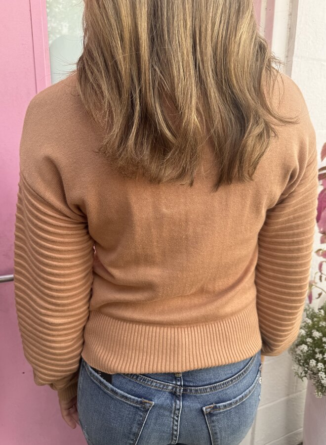 Brodie Cashmere- Textured Balloon Sleeve Crew- Camel