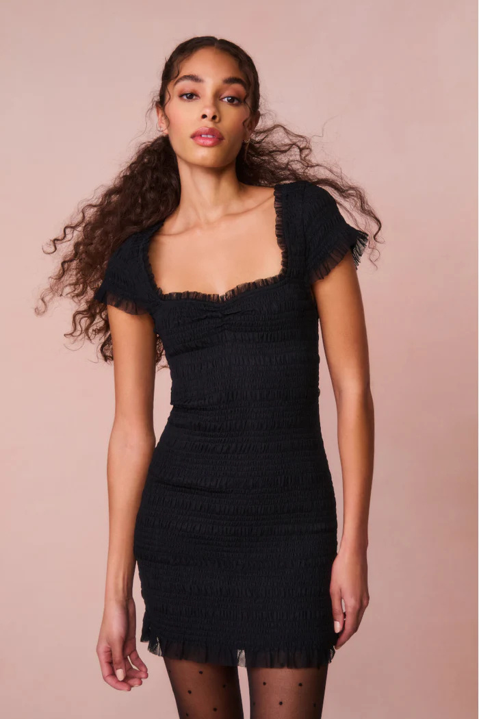 love shack fancy black dress LoveShackFancy - Rinwell Velvet Rhinestone Bow Lace cap sleeves LOVESHACKFANCY LONG SLEEVE DRESSES BLACK