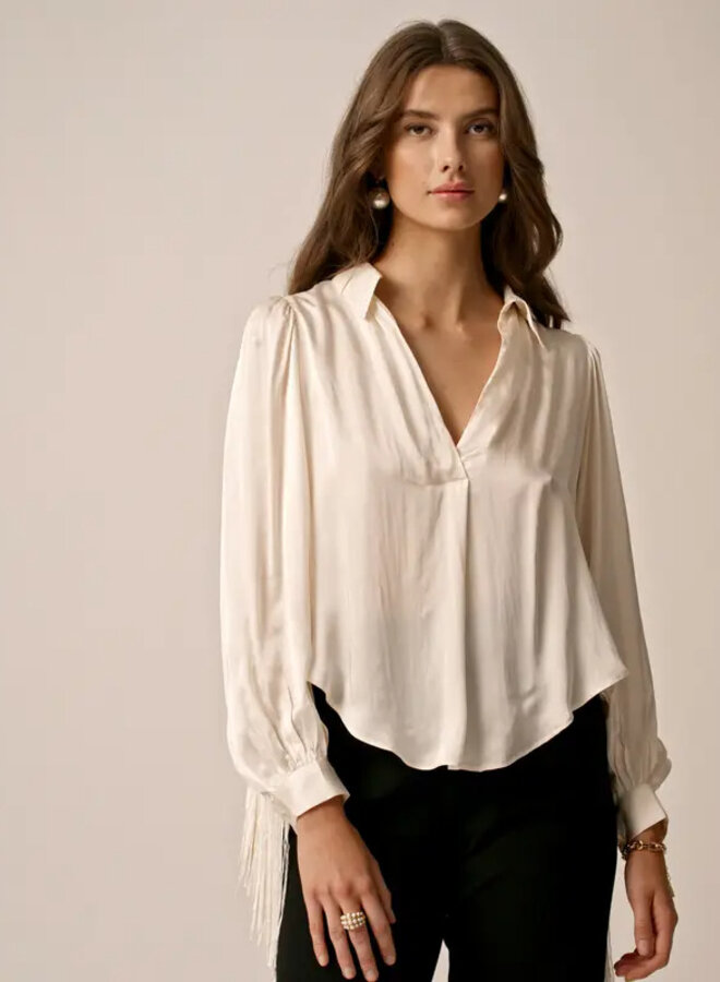 by TiMo- Satin Fringe Blouse- Vintage White