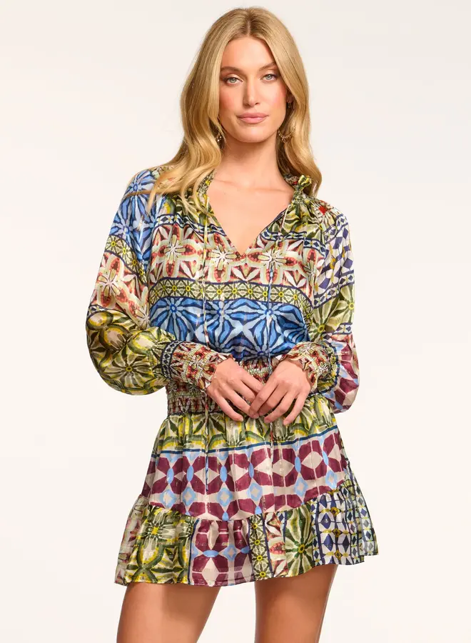 Ramy Brook- Ashalina Silk Long Sleeve Mini Dress- Ribbon Blue Combo