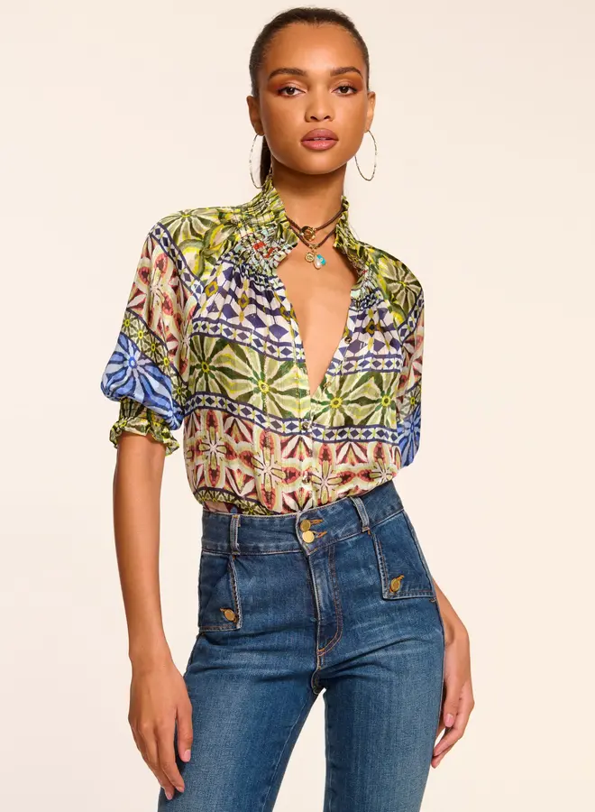 Ramy Brook- Chela Silk V-Neck Puff Sleeve Blouse- Ribbon Blue Combo