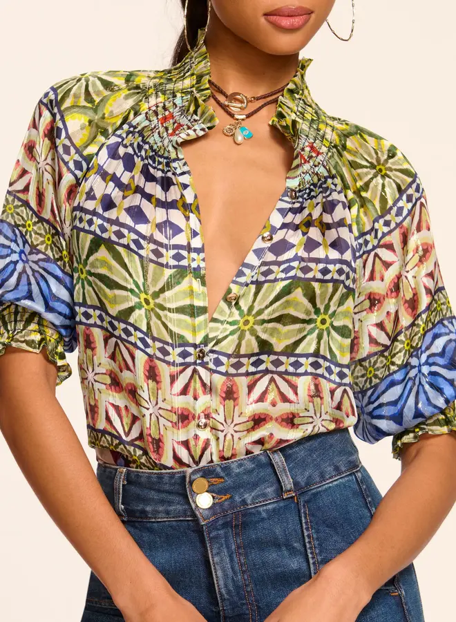 Ramy Brook- Chela Silk V-Neck Puff Sleeve Blouse- Ribbon Blue Combo