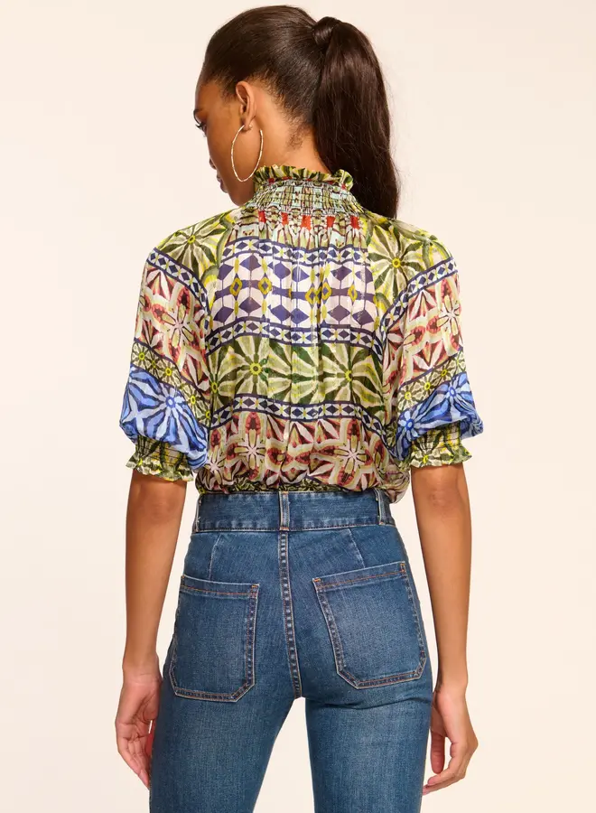 Ramy Brook- Chela Silk V-Neck Puff Sleeve Blouse- Ribbon Blue Combo