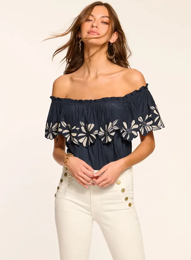 Ramy Brook- Terri Embellished Off-The-Shoulder Top- Navy