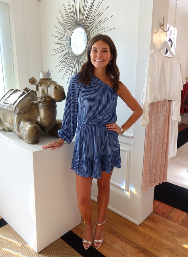 Ramy Brook- Raashi One-Shoulder Pleated Knit Mini Dress- Ribbon Blue Pleated