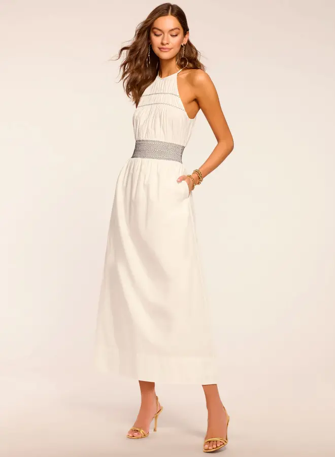 Ramy Brook- Melanie Smocked Cotton Poplin Midi Dress- White