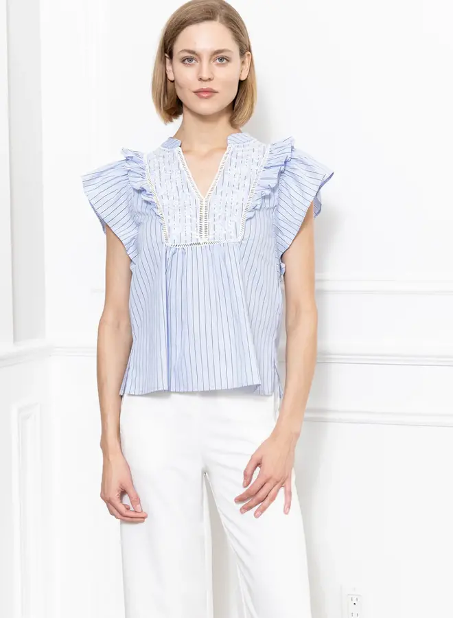 Zero Degrees Celsius- Embroidered Ruffle Collar Top- Ivory/Blue/Navy