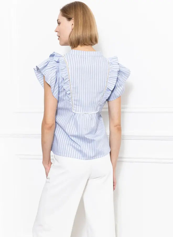 Zero Degrees Celsius- Embroidered Ruffle Collar Top- Ivory/Blue/Navy