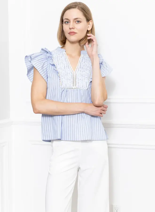 Zero Degrees Celsius- Embroidered Ruffle Collar Top- Ivory/Blue/Navy