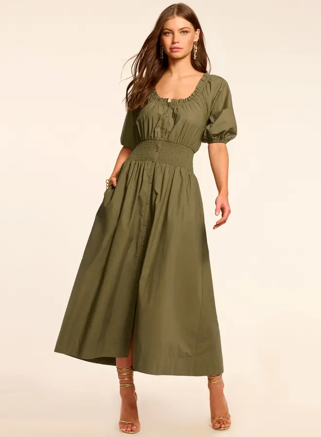 Ramy Brook- Laura Cotton Poplin Smocked Maxi Dress- Olive Green