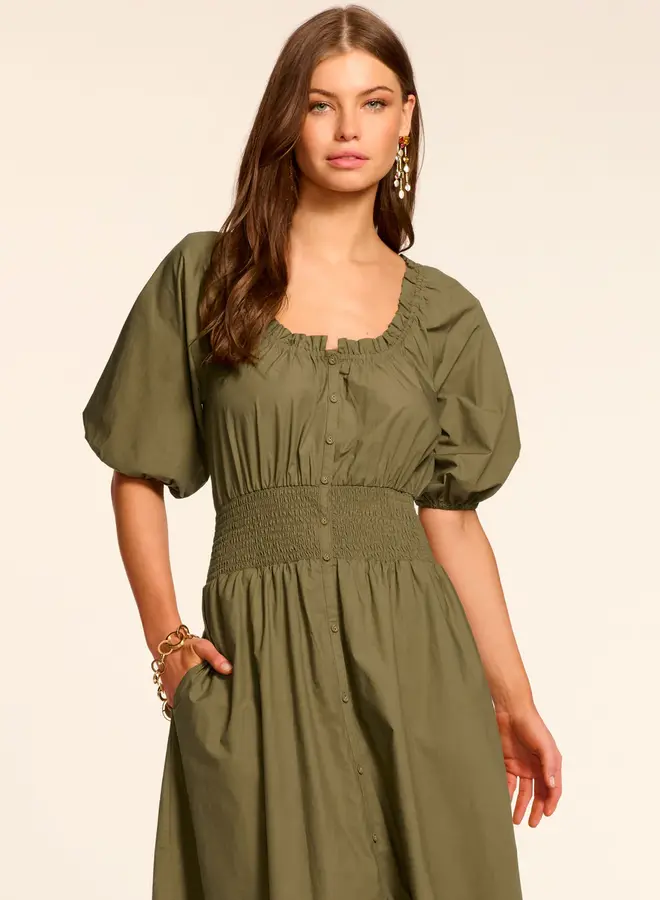 Ramy Brook- Laura Cotton Poplin Smocked Maxi Dress- Olive Green