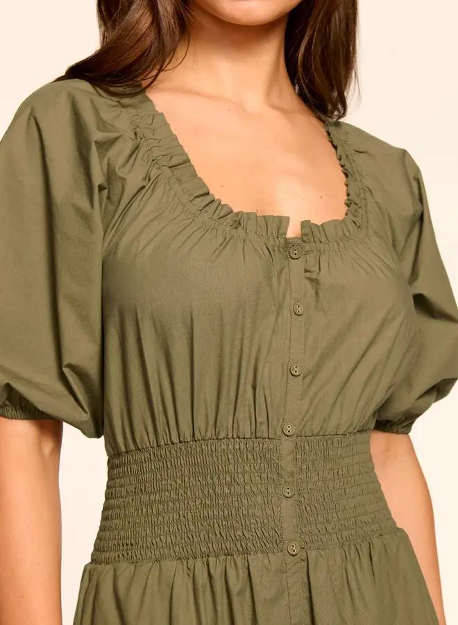 Ramy Brook- Laura Cotton Poplin Smocked Maxi Dress- Olive Green