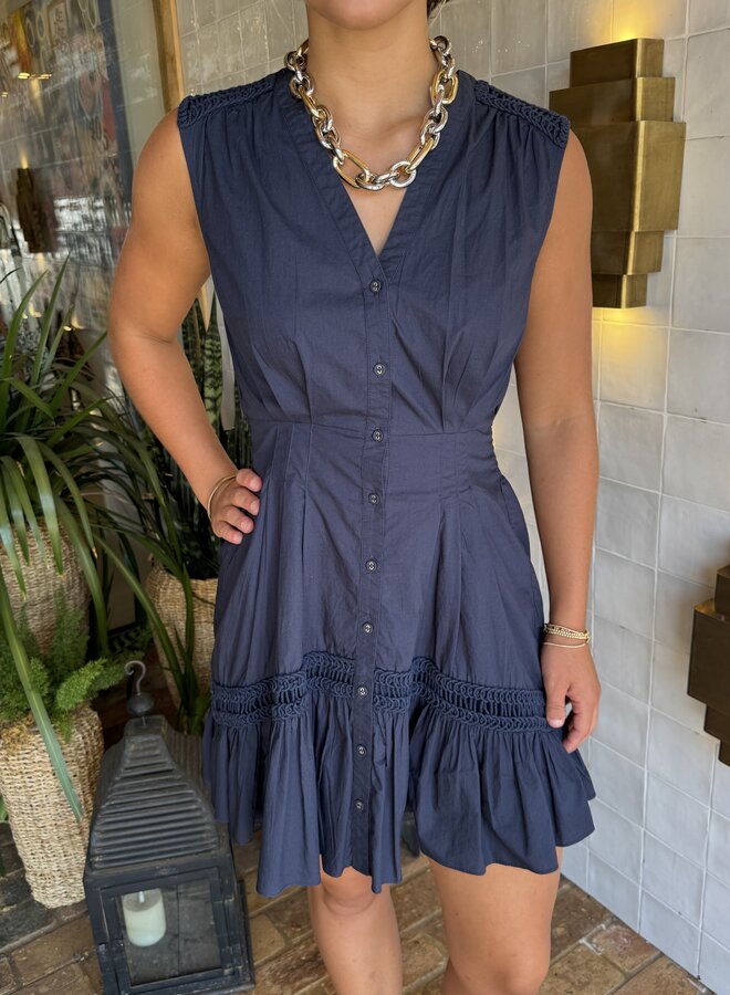 Ramy Brook- Eloisa Cotton Poplin Embellished V-Neck Mini Dress- SNAVY