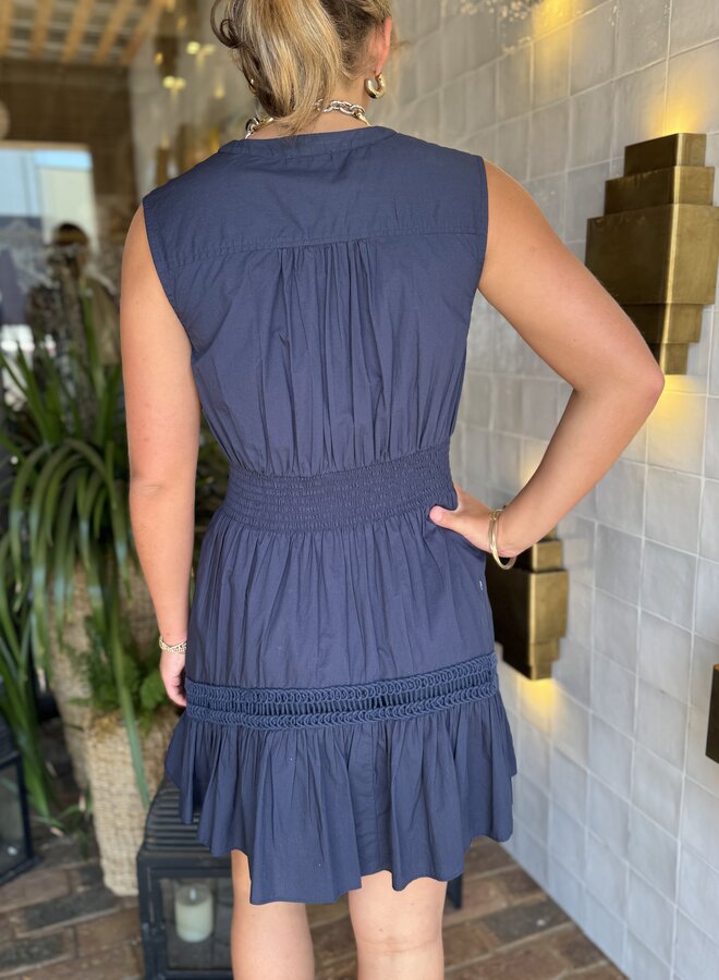 Ramy Brook- Eloisa Cotton Poplin Embellished V-Neck Mini Dress- SNAVY