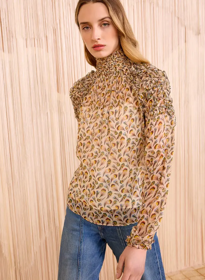 Ulla Johnson- Magdalena Silk Smocked Long Sleeve Blouse- Swan