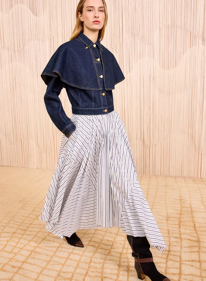 Ulla Johnson- Yasna High Waist Asymmetrical Midi Skirt- Chalk Stripe