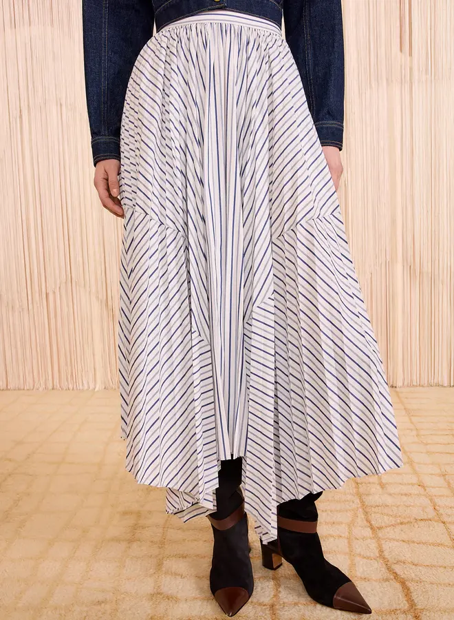 Ulla Johnson- Yasna High Waist Asymmetrical Midi Skirt- Chalk Stripe