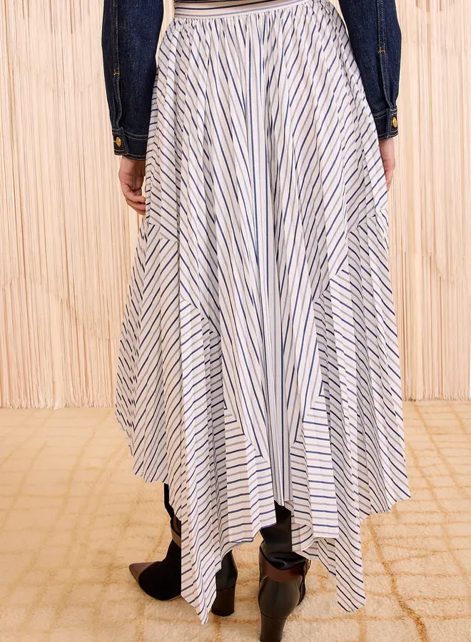 Ulla Johnson- Yasna High Waist Asymmetrical Midi Skirt- Chalk Stripe
