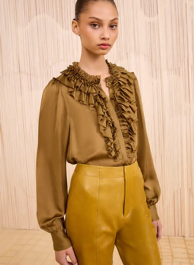 Ulla Johnson- Rouen Silk Ruffle Front Long Sleeve Blouse- Willow