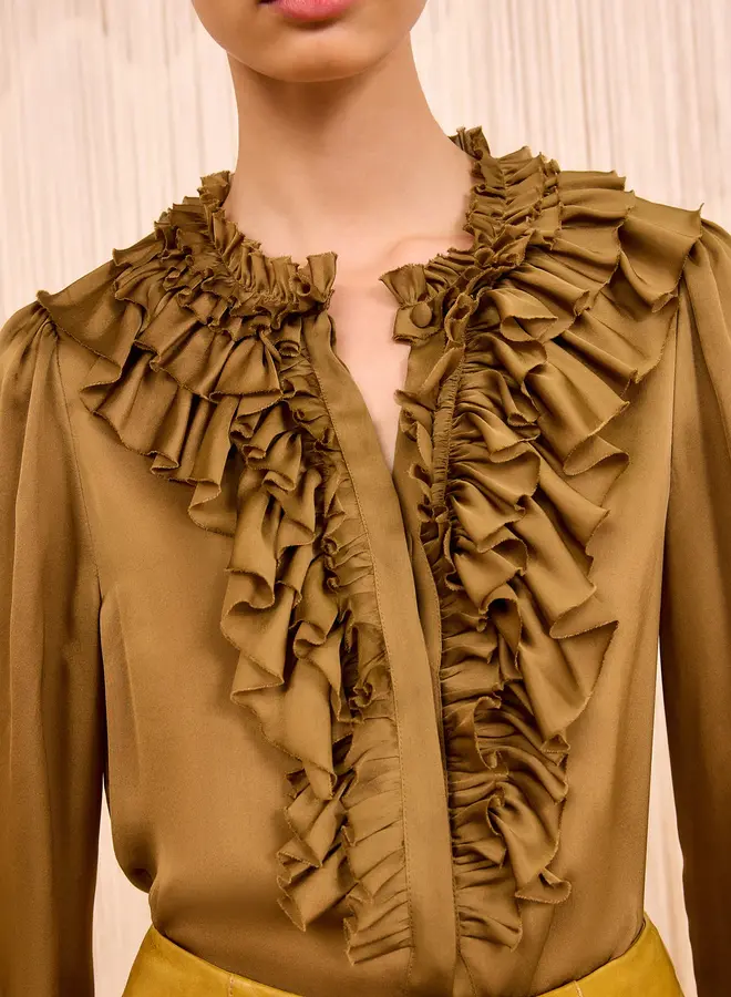 Ulla Johnson- Rouen Silk Ruffle Front Long Sleeve Blouse- Willow