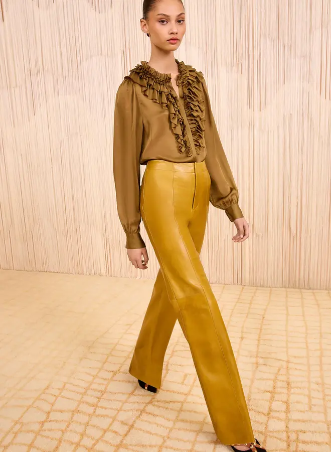 Ulla Johnson- Rouen Silk Ruffle Front Long Sleeve Blouse- Willow