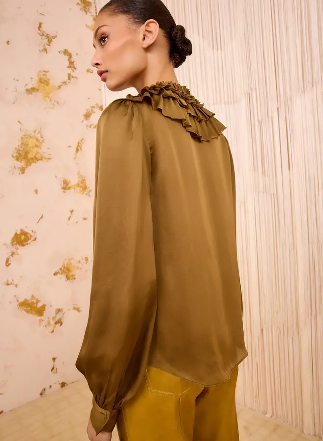 Ulla Johnson- Rouen Silk Ruffle Front Long Sleeve Blouse- Willow