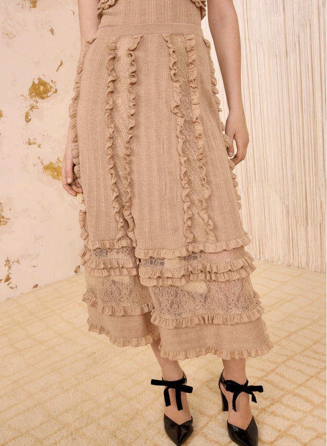 Ulla Johnson- Vivian Knit High Waist Midi Skirt- Camel Melange