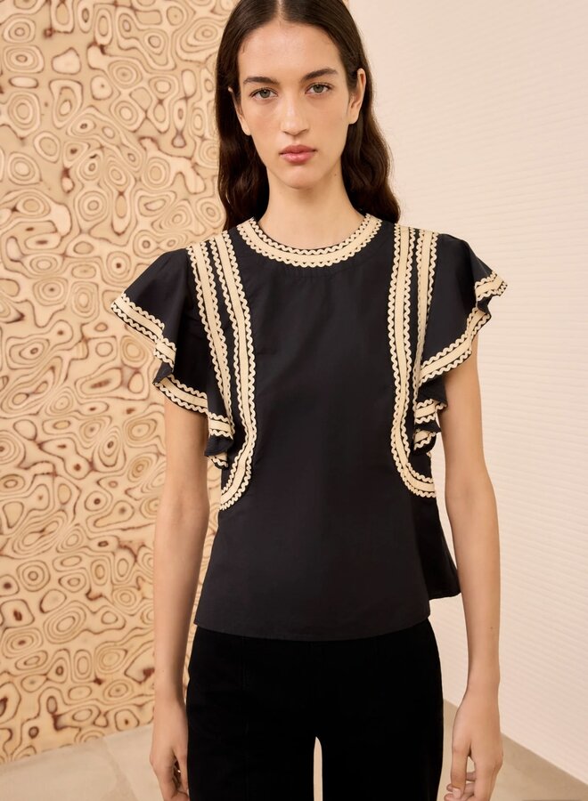 Ulla Johnson- Anora Flutter Sleeve Top- Noir