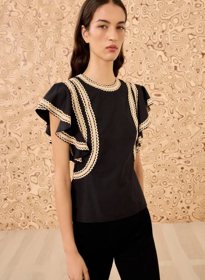 Ulla Johnson- Anora Flutter Sleeve Top- Noir