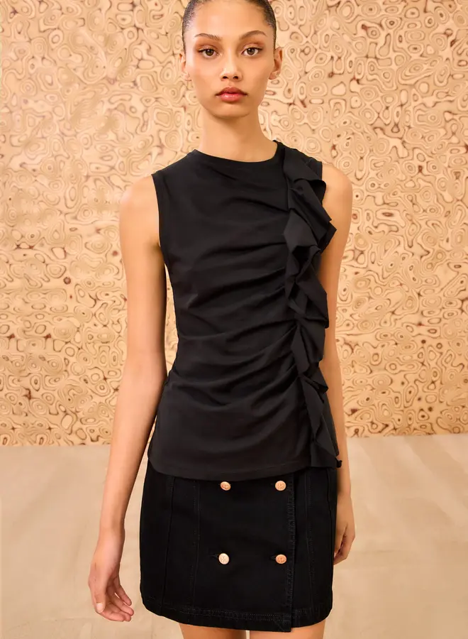 Ulla Johnson- Clio Ruched Ruffle Top- Noir