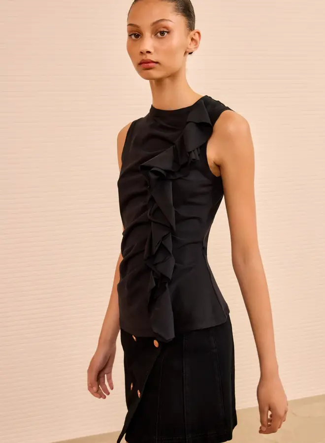 Ulla Johnson- Clio Ruched Ruffle Top- Noir