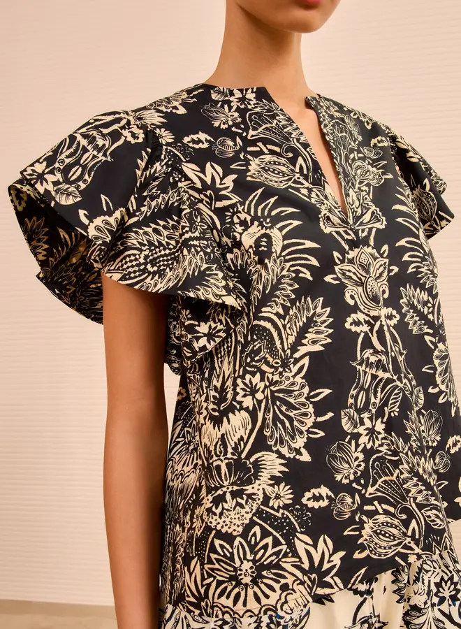 Ulla Johnson- Severine Flutter Sleeve Top- Noir Flora