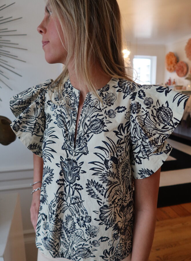 Ulla Johnson- Severine Flutter Sleeve Top- Ivory Flora