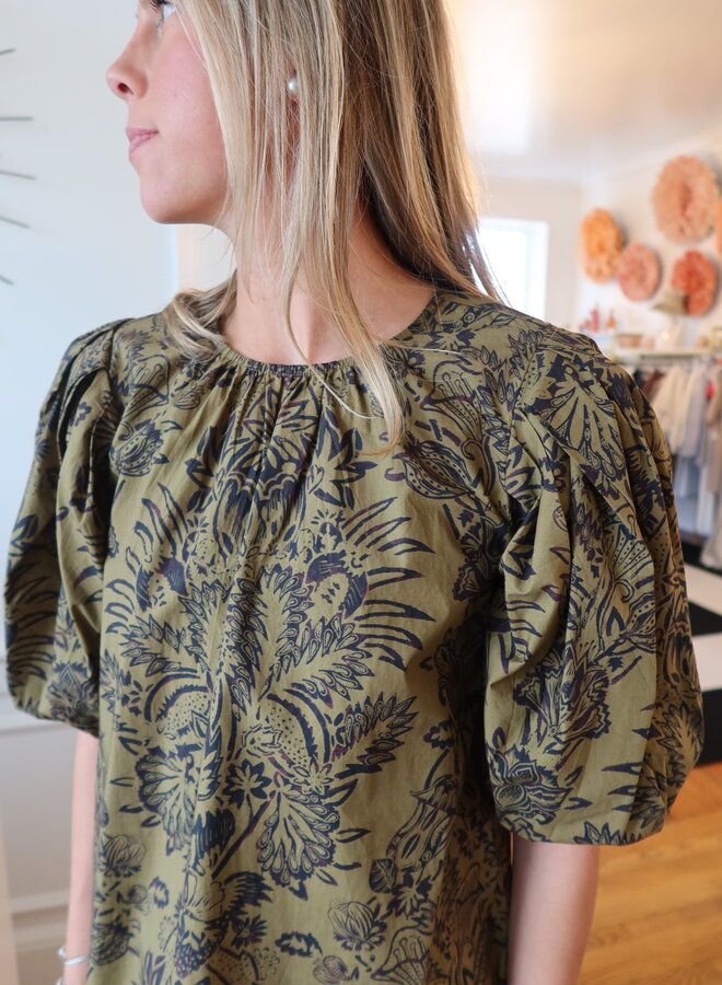 Ulla Johnson- Frantiska Puff Sleeve Top- Olive Flora