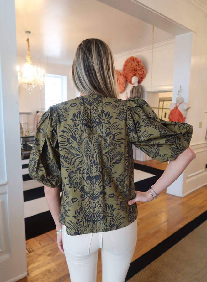 Ulla Johnson- Frantiska Puff Sleeve Top- Olive Flora