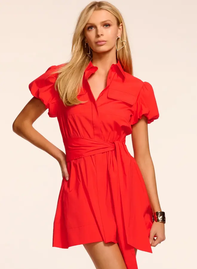 Ramy Brook- Nicky Cotton Poplin Short Sleeve Mini Dress- Crimson