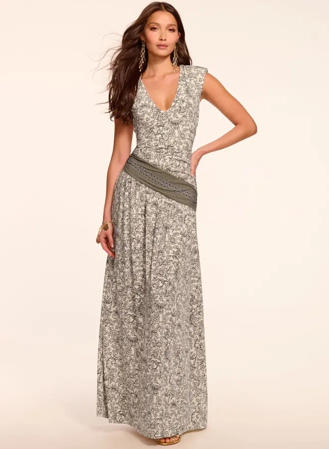 Ramy Brook- Jamie Jersey Ruched V-Neck Maxi Dress- Bone/Black Floral