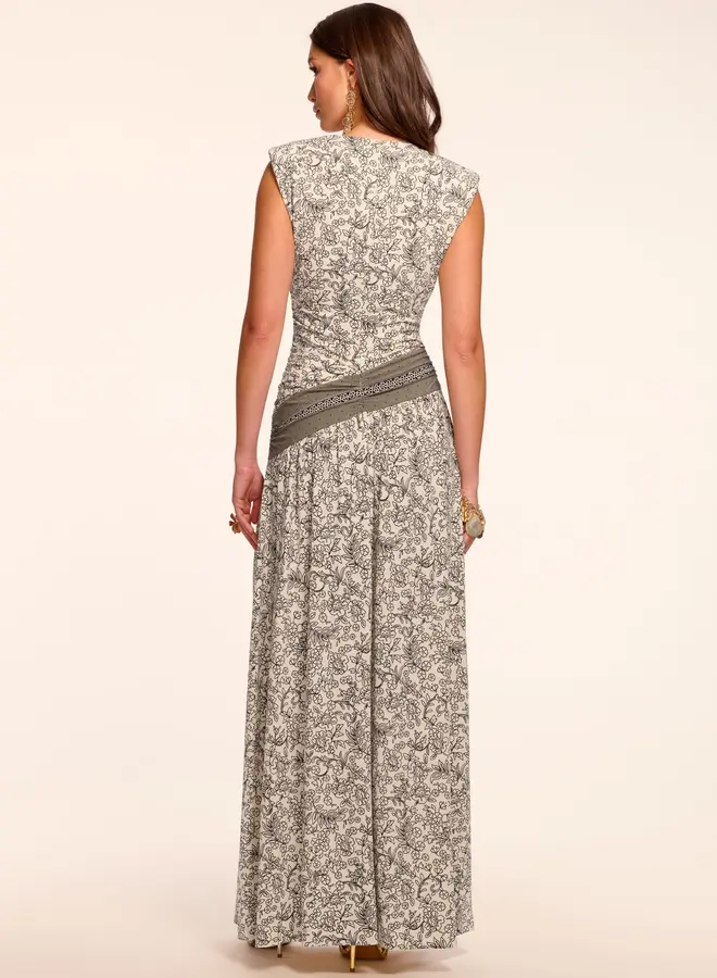 Ramy Brook- Jamie Jersey Ruched V-Neck Maxi Dress- Bone/Black Floral