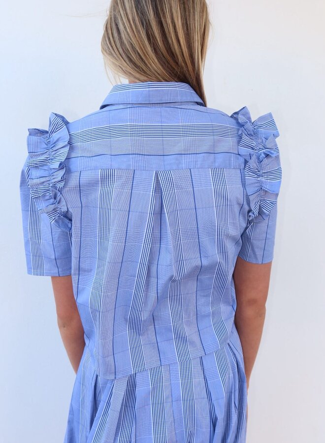 Zero Degrees Celsius- Plaid Ruffle Short Blouse- Blue Plaid