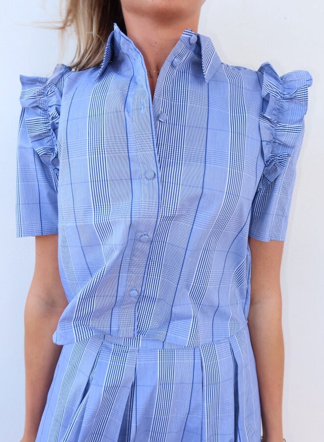 Zero Degrees Celsius- Plaid Ruffle Short Blouse- Blue Plaid