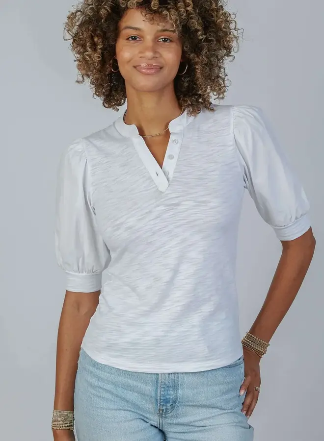 Erin Gray- Kate Puff Sleeve V in Slub in White