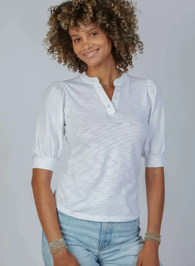 Erin Gray- Kate Puff Sleeve V in Slub in White