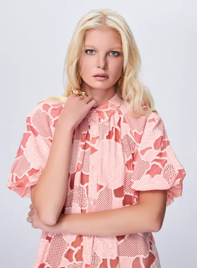 Theo- Ourania Puff Sleeve Shirtdress- Aurora Peach